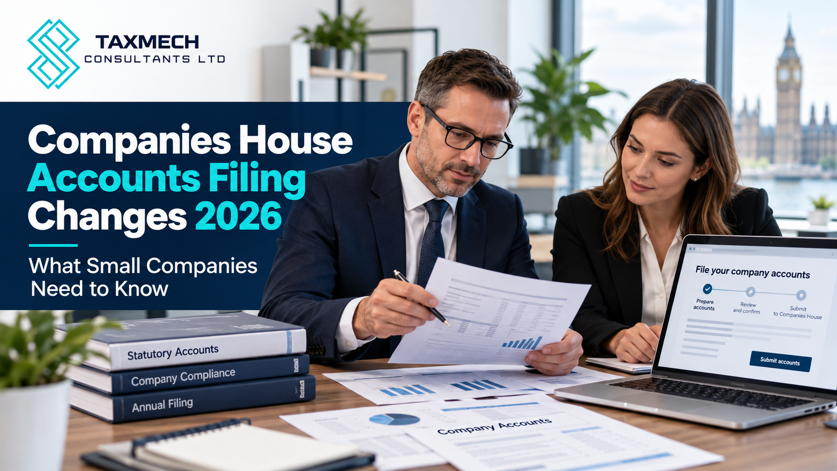 UK company director reviewing Companies House accounts filing changes with an accountant
