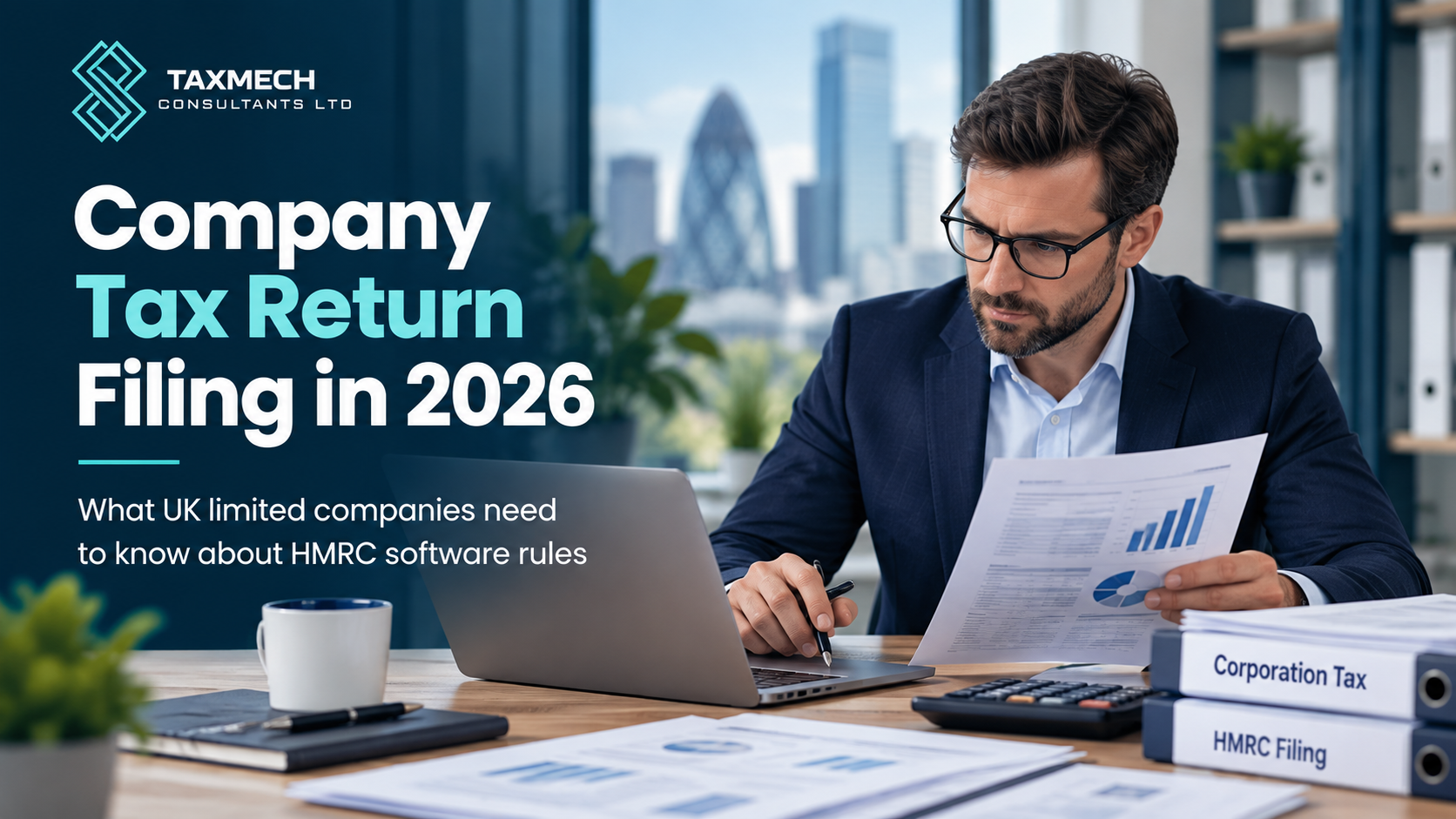 UK company director reviewing Corporation Tax accounts and filing software
